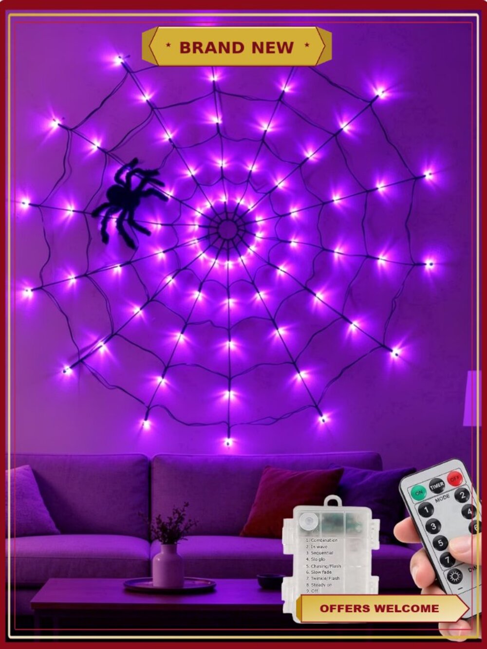 Halloween Spider Web Lights Purple LED with Hairy Spider Remote